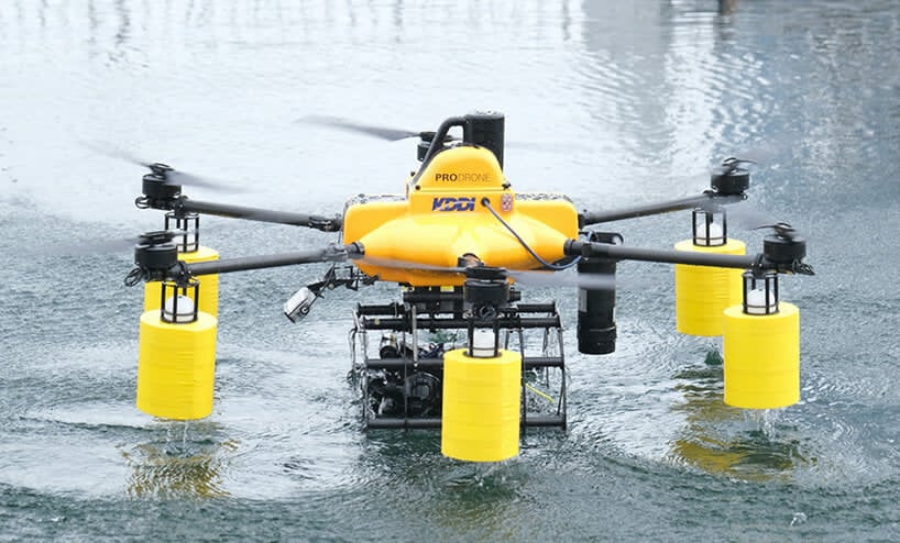 Yellow amphibious drone designed for offshore wind farm operations