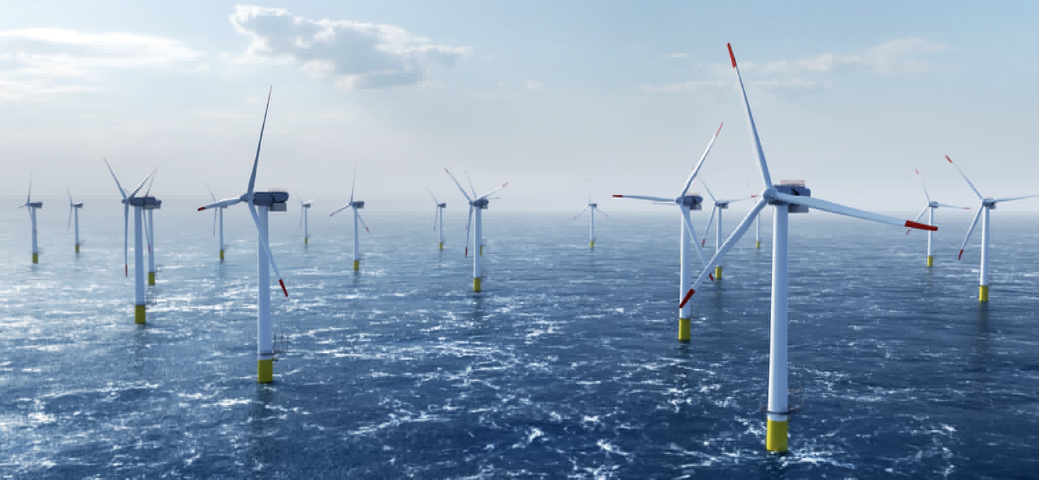 Offshore wind farm with multiple turbines across open ocean