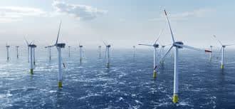 Offshore wind farm with rows of turbines in open sea